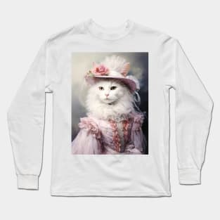 Long Haired White Cat in Rose Hat Long Sleeve T-Shirt